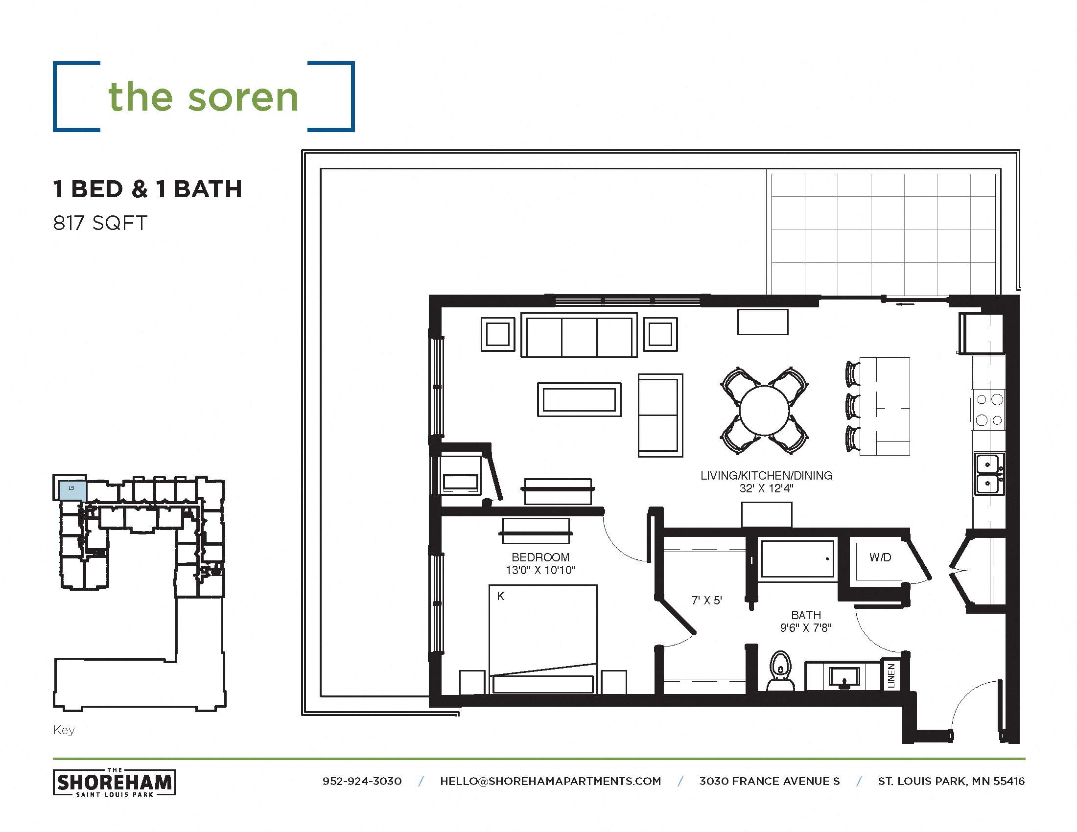 Floor plan for 1 bed, 1 bath, 817 sqft